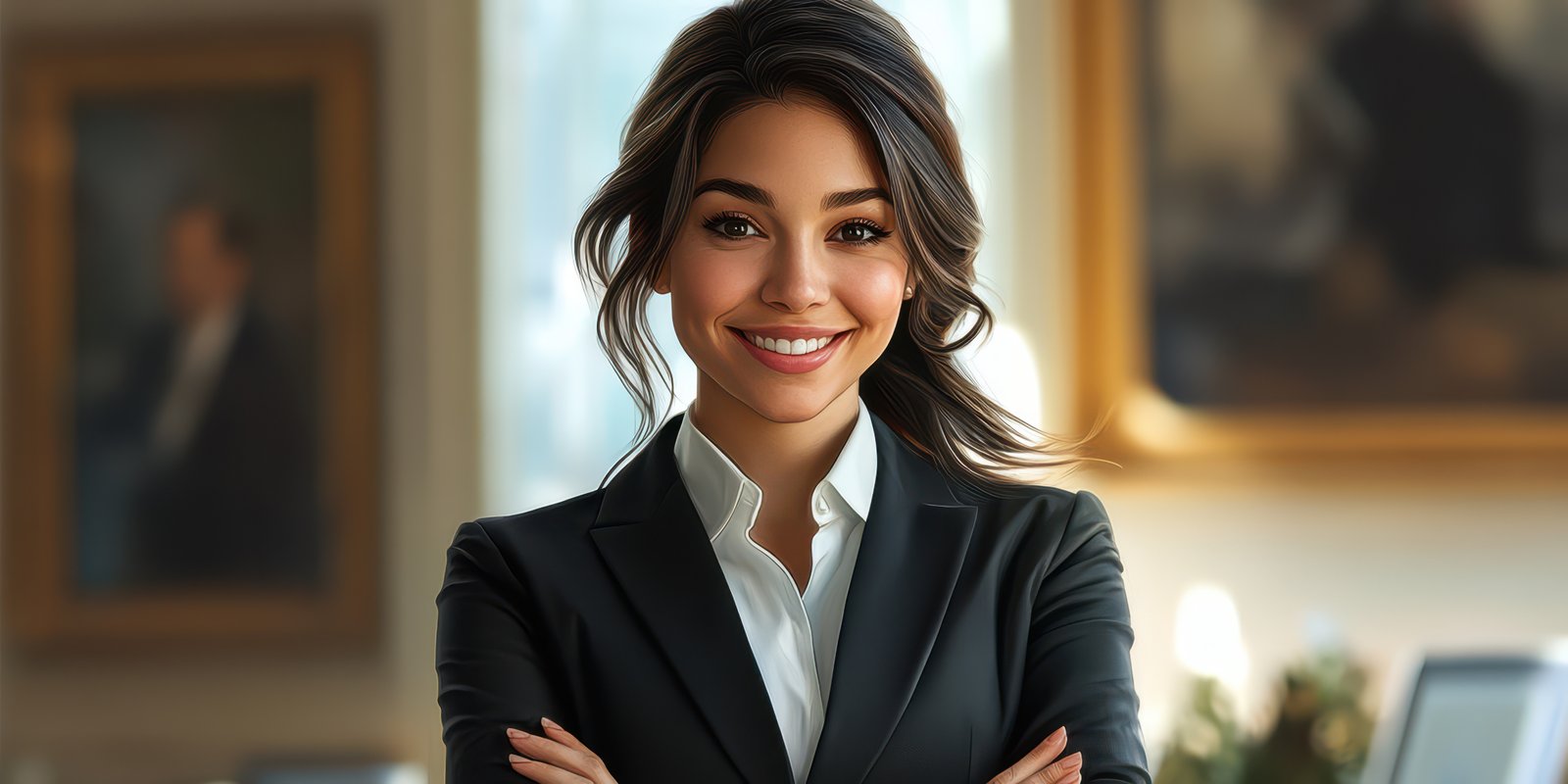 Confident businesswoman smiling in elegant office setting during daytime